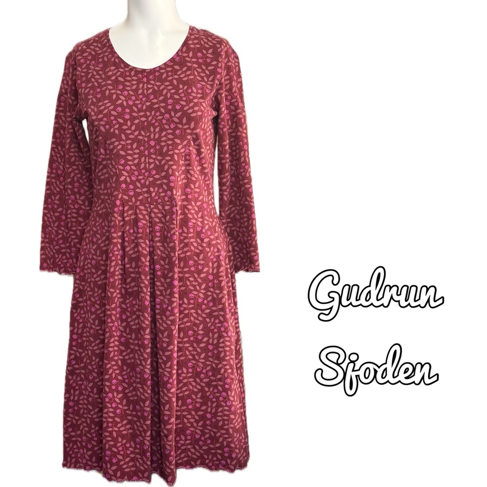 Gudrun Sjoden Burgundy Leaf and Berry Print Long Sleeve Dress